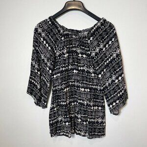Coco + Carmen Womens Long Sleeve Tunic Top Blouse Black S/M Elastic Waist Neck